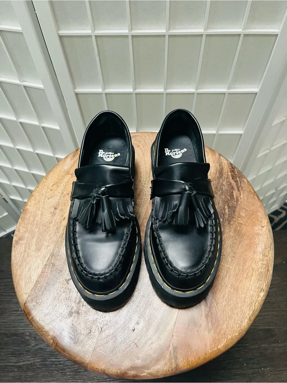 Dr. Martens Black Tassel Platform Loafers with Yellow Stitching